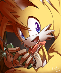 Size: 700x840 | Tagged: safe, artist:rosurin, miles "tails" prower, 2013, gradient background, holding something, looking at viewer, mouth open, open smile, scarf, screwdriver, signature, smile, smiling at viewer, solo