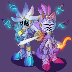 Size: 2000x2000 | Tagged: safe, artist:especiallyqhere, blaze the cat, silver the hedgehog, cat, hedgehog, 2022, cinquedea, duo, knight armor, looking at viewer, pointing, pointing at viewer, purple background, shipping, silvaze, simple background, sir galahad, sir percival, straight, sword, weapon