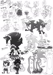 Size: 1448x2048 | Tagged: safe, artist:oudooooon427, amy rose, gadget the wolf, knuckles the echidna, mephiles the dark, miles "tails" prower, shadow the hedgehog, silver the hedgehog, sonic the hedgehog, 2025, balloon, classic sonic, crossdressing, dress, extreme gear, greyscale, group, gun, holding something, hugging, inner tube, japanese text, maid outfit, monochrome, riders outfit, simple background, sketch, sketch page, smile, sonic riders, speech bubble, standing, sunglasses, water, white background