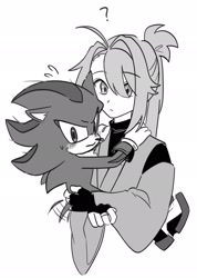 Size: 1456x2048 | Tagged: safe, artist:oudooooon427, shadow the hedgehog, sonic the hedgehog, human, 2025, blushing, carrying them, duo, greyscale, hand on another's shoulder, humanized, japanese clothes, monochrome, redraw, simple background, wagging tail, white background