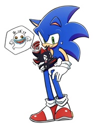 Size: 1496x2000 | Tagged: safe, artist:oudooooon427, boo, sonic the hedgehog, chao, 2025, chaobetes, character chao, cute, duo, holding them, japanese text, looking at them, scared, shadow chao, simple background, smile, squiggle, standing, white background