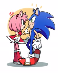 Size: 1636x2048 | Tagged: safe, artist:oudooooon427, amy rose, sonic the hedgehog, 2025, amy x sonic, blushing, cross popping vein, duo, looking at each other, looking at them, shipping, simple background, standing, straight, white background