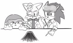 Size: 2048x1220 | Tagged: safe, artist:oudooooon427, knuckles the echidna, miles "tails" prower, sonic the hedgehog, echidna, fox, hedgehog, 2025, clothes, fully clothed, goggles, greyscale, lab coat, male, monochrome, redraw, simple background, test tube, trio, white background