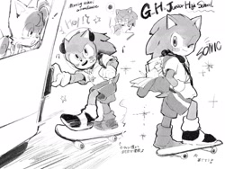 Size: 2048x1536 | Tagged: safe, artist:c_blue_justice, miles "tails" prower, sonic the hedgehog, fox, hedgehog, 2025, bus, clothes, english text, fully clothed, greyscale, japanese text, male, monochrome, school, simple background, skateboard, vehicle, white background