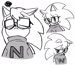 Size: 2048x1776 | Tagged: safe, artist:oudooooon427, nicky, sonic the hedgehog, hedgehog, 2025, eyes closed, glasses, greyscale, male, monochrome, simple background, solo, sonic the hedgehog (shogakukan), squiggle, white background