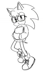 Size: 771x1272 | Tagged: safe, artist:oudooooon427, nicky, sonic the hedgehog, hedgehog, 2025, book, glasses, greyscale, holding something, male, monochrome, simple background, solo, sonic the hedgehog (shogakukan), white background