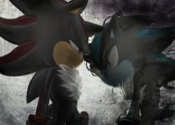 Size: 700x500 | Tagged: safe, artist:unichrome-uni, mephiles the dark, shadow the hedgehog, 2013, duo, frown, lidded eyes, looking at each other, standing