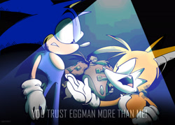 Size: 2048x1463 | Tagged: safe, artist:candyypirate, miles "tails" prower, robotnik, sonic the hedgehog, human, 2024, angry, argument, dialogue, english text, looking at each other, looking at them, sonic lost world, spotlight, standing, text, trio