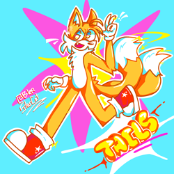Size: 2048x2048 | Tagged: safe, artist:blep-starcat, miles "tails" prower, fox, 2025, character name, looking at viewer, male, mouth open, open smile, outline, signature, smile, smiling at viewer, solo, text, v sign