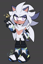 Size: 1024x1536 | Tagged: safe, artist:reinadecorazonez, oc, oc:soar the hedgehog, hedgehog, 2023, boots, chest fluff, flat colors, fur markings, gloves, grey background, hand on hip, lidded eyes, looking at viewer, oc only, signature, simple background, sleeves, smile, socks, solo, standing, tongue out, v sign
