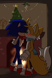 Size: 1200x1800 | Tagged: safe, miles "tails" prower, sonic the hedgehog, 2025, abstract background, age difference, anonymous artist, blushing, candle, christmas, duo, fire, fireplace, flame, gay, indoors, kiss, mistletoe, scarf, shipping, sonic x tails, standing, winter outfit