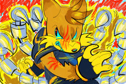 Size: 2048x1365 | Tagged: safe, artist:milezperprower, miles "tails" prower, nine, sonic prime, 2024, arm fluff, bleeding, blood, blue sclera, clenched teeth, fangs, limited palette, looking offscreen, scratch (injury), solo, sonic prime s3