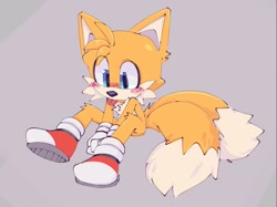 Size: 1781x1335 | Tagged: source needed, safe, artist:chibi-0004, miles "tails" prower, blep, blushing, eye clipping through hair, grey background, looking down, simple background, sitting, solo, tongue out