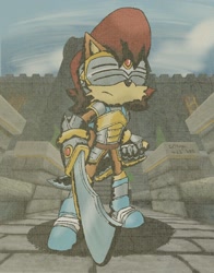 Size: 900x1150 | Tagged: safe, artist:congatime, sally acorn, chipmunk, sonic and the black knight, 2023, castle, female, knight armor, sir guinevere, solo, sword, weapon