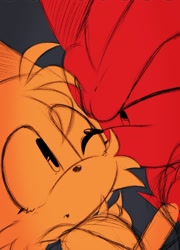 Size: 1080x1501 | Tagged: safe, artist:nothingst13, miles "tails" prower, shadow the hedgehog, 2024, :o, age difference, close-up, duo, flat colors, gay, gradient background, lidded eyes, looking at each other, monochrome, mouth open, one eye closed, shadow x tails, shipping, sketch