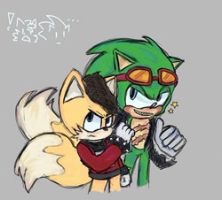 Size: 600x543 | Tagged: dead source, safe, artist:buttersss__, miles "tails" prower, miles (anti-mobius), scourge the hedgehog, sonic the hedgehog, ..., 2024, blushing, duo focus, exclamation mark, frown, grey background, group, looking at viewer, simple background, smile, standing, star (symbol), thumbs up