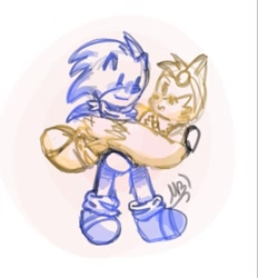 Size: 719x774 | Tagged: safe, artist:buttersss__, miles "tails" prower, sonic the hedgehog, 2024, age difference, blushing, carrying them, cute, duo, frown, gay, looking at each other, monochrome, shipping, signature, smile, sonic boom (tv), sonic x tails, walking