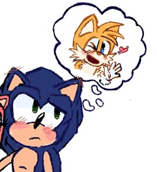 Size: 800x878 | Tagged: safe, artist:buttersss__, amy rose, miles "tails" prower, sonic the hedgehog, 2024, age difference, arrow (weapon), arrow through heart, blushing ears, crush, duo, flat colors, frown, gay, heart, looking up, shipping, simple background, solo focus, sonic x tails, standing, thought bubble, white background