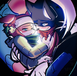 Size: 600x592 | Tagged: safe, artist:reigndeer66, miles "tails" prower, sonic the hedgehog, 2026, age difference, alternate outfit, black background, blushing, carrying them, christmas, clothes, coat, duo, gay, hat, holding them, holly, lidded eyes, looking at each other, mouth open, scarf, shipping, simple background, smile, sonic x tails, ushanka hat, winter, winter outfit