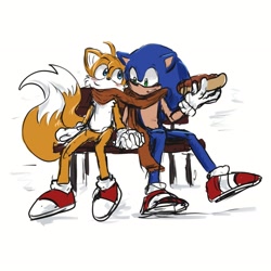 Size: 2048x2048 | Tagged: safe, artist:hourgliss, miles "tails" prower, sonic the hedgehog, 2025, age difference, bench, blushing, chili dog, clenched teeth, duo, food, gay, holding hands, holding something, scarf, sharing a scarf, shipping, sitting, smile, snow, sonic x tails, winter, winter outfit