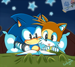 Size: 700x623 | Tagged: safe, artist:fantasiia, miles "tails" prower, sonic the hedgehog, 2012, bed, book, cute, duo, flashlight, holding something, indoors, light, mouth open, open smile, paper, pillow, reading, signature, sitting, smile, sonabetes, star (symbol), tailabetes