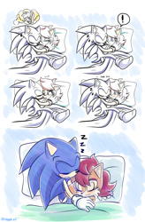 Size: 980x1492 | Tagged: safe, artist:k3llywolfarts, sally acorn, sonic the hedgehog, chipmunk, hedgehog, 2020, bed, blanket, chili dog, comic, dreaming, duo, english text, exclamation mark, female, food, hugging, male, pillow, sally x sonic, shipping, sleeping, straight, zzz