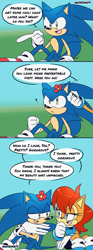 Size: 896x2396 | Tagged: safe, artist:risziarts, sally acorn, sonic the hedgehog, chipmunk, hedgehog, 2024, comic, daytime, dialogue, duo, english text, flower, flower in hair, grass field, question mark, sally x sonic, sally's ringblader outfit, shipping, sitting, speech bubble, straight