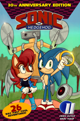 Size: 1920x2905 | Tagged: safe, artist:chms-11, sally acorn, sonic the hedgehog, chipmunk, hedgehog, 2023, daytime, english text, female, holding something, male, ring, robot, sally's ringblader outfit, sonic satam, speech bubble, trio
