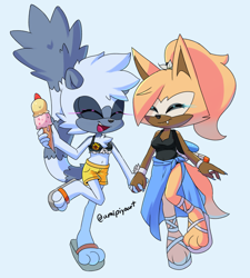 Size: 1500x1666 | Tagged: safe, artist:kyarathewolf, tangle the lemur, whisper the wolf, lemur, wolf, 2023, alternate outfit, bikini, clothes, duo, female, food, happy, holding hands, holding something, ice cream, lesbian, sarong, shipping, shorts, simple background, summer, swimsuit, water gun, weapon