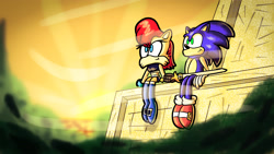 Size: 3840x2160 | Tagged: safe, artist:ameerashourdraws, sally acorn, sonic the hedgehog, chipmunk, hedgehog, sonic and the black knight, 2019, building, duo, female, looking at nature, male, no vest, sally x sonic, sally's ringblader outfit, shipping, sitting, speech bubble, straight, sun, sunset, sword, weapon