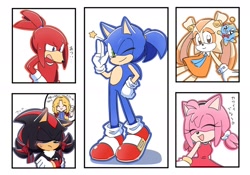 Size: 2048x1436 | Tagged: safe, artist:oudooooon427, amy rose, cheese (chao), cream the rabbit, knuckles the echidna, maria robotnik, shadow the hedgehog, sonic the hedgehog, chao, human, 2025, alternate hairstyle, blushing, eyes closed, group, hair up, japanese text, mouth open, neutral chao, ponytail, simple background, smile, standing, star (symbol), twintails, white background, wink