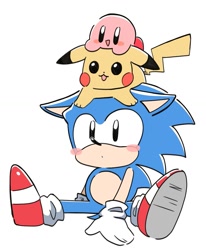 Size: 1133x1376 | Tagged: safe, artist:oudooooon427, sonic the hedgehog, 2025, blushing, crossover, cute, kirby, on head, pikachu, pokemon, simple background, sitting, sonabetes, trio, white background