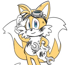 Size: 1216x1060 | Tagged: safe, artist:oudooooon427, miles "tails" prower, 2025, dirty, goggles, goggles on head, holding something, looking at viewer, simple background, smile, solo, standing, white background, wrench