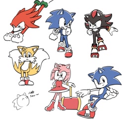 Size: 1332x1277 | Tagged: safe, artist:oudooooon427, amy rose, knuckles the echidna, miles "tails" prower, shadow the hedgehog, sonic the hedgehog, 2025, group, japanese text, looking at each other, looking at them, mouth open, piko piko hammer, simple background, smile, white background