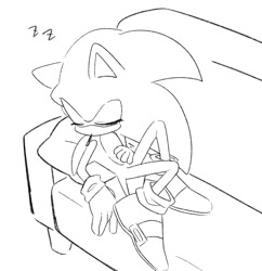 Size: 1161x1201 | Tagged: safe, artist:oudooooon427, sonic the hedgehog, 2025, couch, eyes closed, greyscale, lying down, monochrome, simple background, sketch, sleeping, solo, white background, zzz