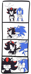 Size: 764x1817 | Tagged: safe, artist:oudooooon427, shadow the hedgehog, sonic the hedgehog, 2025, 4koma, bowl, comic, duo, eating, eyes closed, food, fork, holding something, lidded eyes, looking at them, mouth open, simple background, sitting, smile, thought bubble, white background