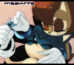 Size: 1007x892 | Tagged: safe, artist:risziarts, sally acorn, sonic the hedgehog, chipmunk, hedgehog, 2025, duo, female, flower, holding something, lying on them, male, ringblader, sally x sonic, sally's ringblader outfit, shipping, straight