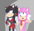 Size: 2000x1818 | Tagged: safe, artist:cualquierpersona, amy rose, shadow the hedgehog, oc, oc:jamie rose, oc:shadina the hedgehog, 2020, age difference, amy x shadow, duo, flower, frown, gender swap, hand on hip, holding something, looking at them, looking away, offering flower, r63 shipping, rose, shipping, smile, sparkles, standing, straight