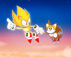 Size: 3257x2604 | Tagged: safe, artist:inky-axolotl-gaia, miles "tails" prower, sonic the hedgehog, super sonic, 2022, clouds, duo, flying, holding hands, mid-air, outdoors, outline, pointing, smile, spinning tails, star (sky), super form