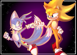 Size: 6543x4724 | Tagged: safe, artist:brainworms-all-night-long, miles "tails" prower, sonic the hedgehog, super sonic 2, super tails, 2023, blue fur, border, clenched fists, color swap, duo, fistbump, flying, looking at each other, mid-air, smile, smiling at each other, super form