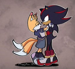 Size: 600x554 | Tagged: safe, artist:manjmia_31, miles "tails" prower, nine, shadow the hedgehog, sonic prime, 2025, age difference, alternate version, colored version, duo, gay, holding each other, kiss, lidded eyes, looking at each other, nine x shadow, outline, saliva, saliva trail, shadow x tails, shipping, shrunken pupils, side view, signature, standing, tongue out