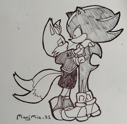 Size: 600x591 | Tagged: safe, artist:manjmia_31, miles "tails" prower, shadow the hedgehog, 2025, age difference, duo, gay, holding each other, kiss, looking at each other, monochrome, nine x shadow, penwork, saliva, saliva trail, shadow x tails, shipping, shrunken pupils, side view, signature, standing, tongue out, traditional media