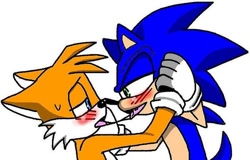 Size: 600x384 | Tagged: suggestive, artist:maypong, miles "tails" prower, sonic the hedgehog, 2018, age difference, blushing, duo, gay, kiss, lidded eyes, looking at each other, saliva, saliva trail, shipping, simple background, sonic x tails, tongue out, white background