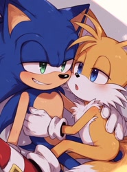 Size: 632x856 | Tagged: safe, ai art, miles "tails" prower, sonic the hedgehog, 2026, age difference, blushing, duo, gay, holding each other, lidded eyes, mouth open, prompter:powdertheferret, shipping, sitting, smile, sonic x tails