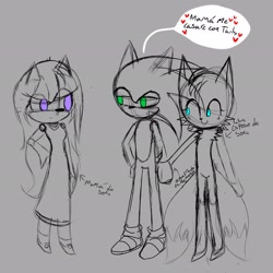 Size: 2048x2048 | Tagged: safe, artist:powdertheferret, miles "tails" prower, sonic the hedgehog, oc, hedgehog, 2026, aged up, alternate universe, dialogue, gay, heart, holding hands, line art, looking at each other, looking at them, monochrome, mother and son, shipping, sonic x tails, spanish text, spot color, standing, text, trio