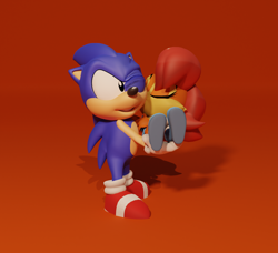 Size: 1372x1252 | Tagged: safe, artist:angelicaannabelle00, sally acorn, sonic the hedgehog, chipmunk, hedgehog, 2023, 3d, blender, carrying them, classic sally, classic sonic, duo, female, kiss, kiss on cheek, male, sally x sonic, sally's vest and boots, shadow (lighting), shipping, straight