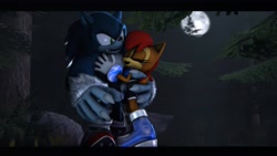 Size: 3840x2160 | Tagged: safe, artist:sonic3245, sally acorn, sonic the hedgehog, chipmunk, hedgehog, 2018, 3d, duo, female, hugging, male, moon, nighttime, sally x sonic, sally's ringblader outfit, shipping, sonic the werehog, source filmmaker, straight, tree, werehog