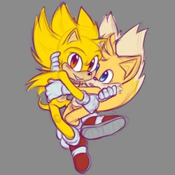 Size: 800x800 | Tagged: safe, artist:marty_jade23, miles "tails" prower, sonic the hedgehog, super sonic, super tails, 2022, age difference, blushing, duo, gay, grey background, holding each other, looking at viewer, mouth open, shipping, simple background, smile, sonic x tails, super form, treads