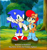 Size: 2336x2500 | Tagged: safe, artist:classicsonicsatam, sally acorn, sonic the hedgehog, chipmunk, hedgehog, 2025, daytime, dialogue, duo, english text, female, forest, greeting, holding hands, male, sally x sonic, sally's vest and boots, shipping, sonic satam, straight, vhs filter, waving
