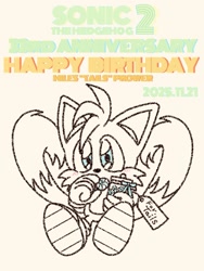 Size: 1273x1697 | Tagged: safe, artist:om_200701, miles "tails" prower, sonic the hedgehog 2, 2025, birthday, blushing, brown background, candy, cute, english text, food, happy birthday, holding something, line art, mint candy, monochrome, simple background, sitting, solo, tailabetes